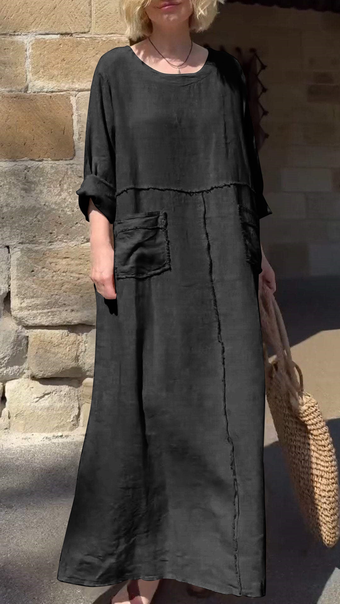 Round Neck Cotton and Linen Long Sleeve Casual Dress-Comfort & Reliable