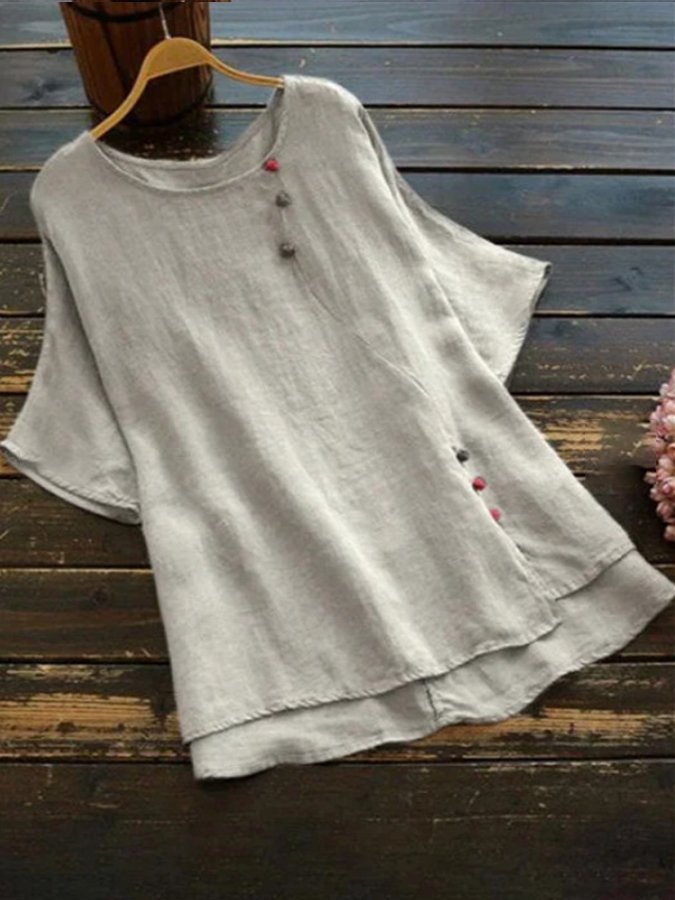 Women's Solid Cotton Linen Round Neck Split T-shirt-Comfort & Reliable