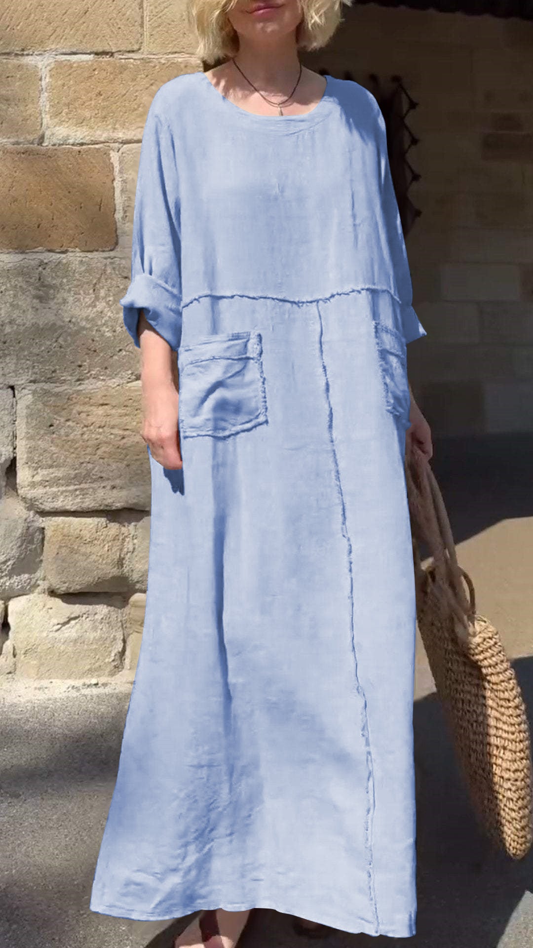 Round Neck Cotton and Linen Long Sleeve Casual Dress-Comfort & Reliable