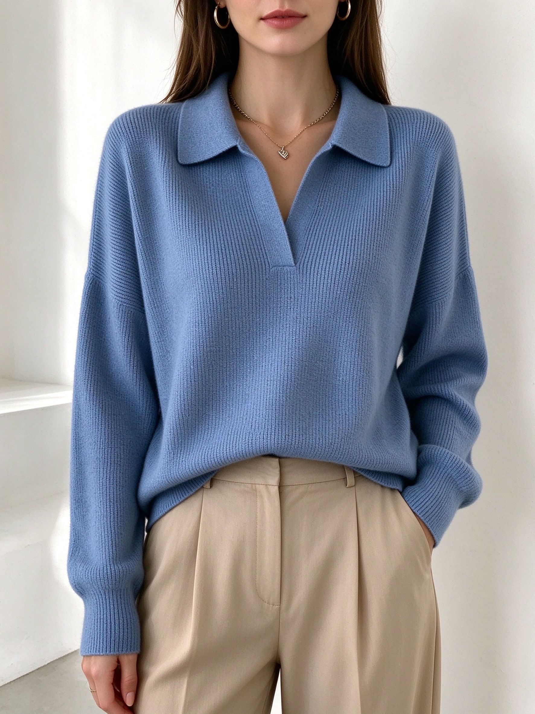 dusty blue ribbed polo sweater on model