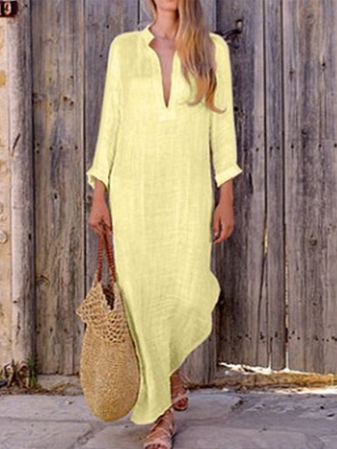 Women's Solid Color Deep V-Neck Slit Long Dress-Comfort & Reliable