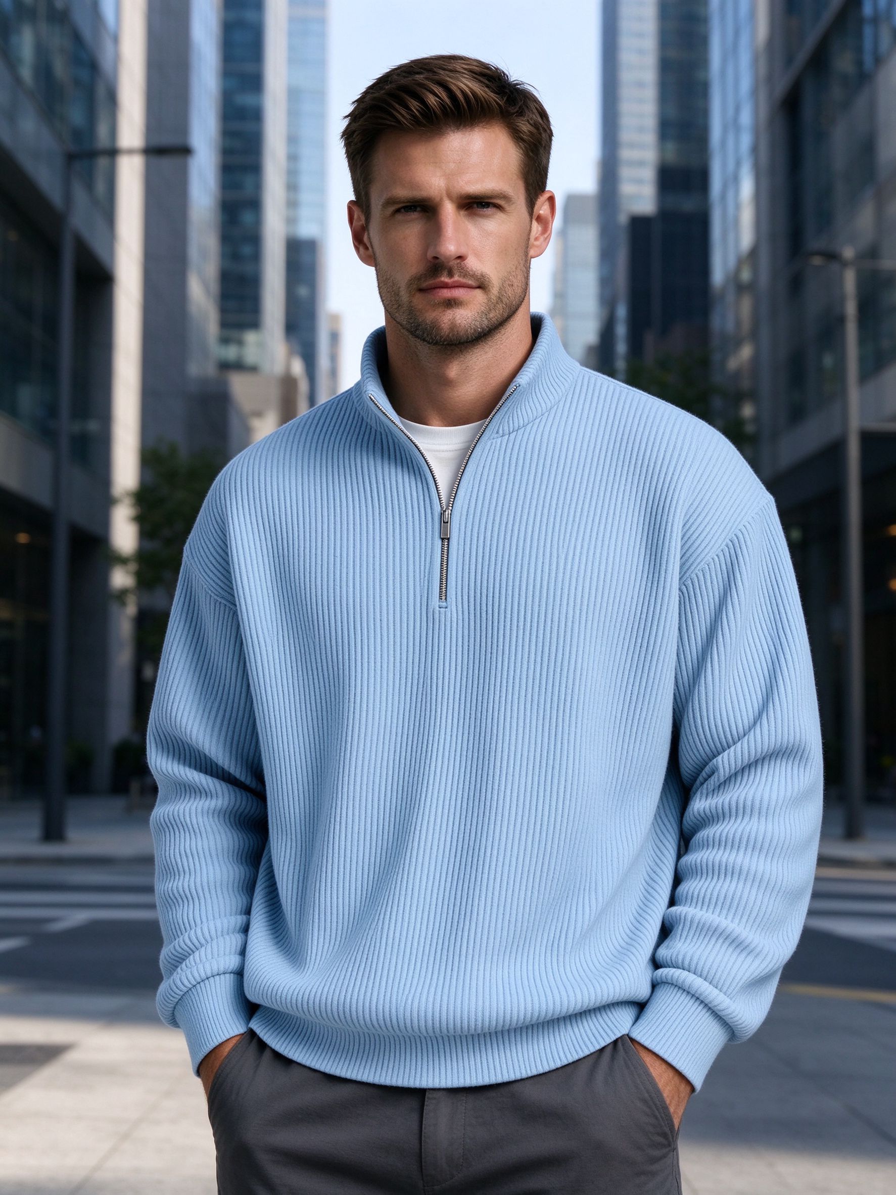 Man wearing light blue vertical ribbed half-zip sweater on city street