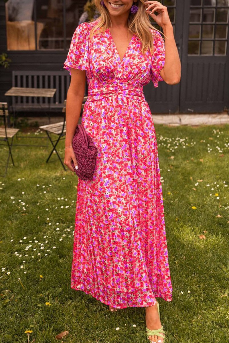 Women's printed waist V-neck long dress-Comfort & Reliable