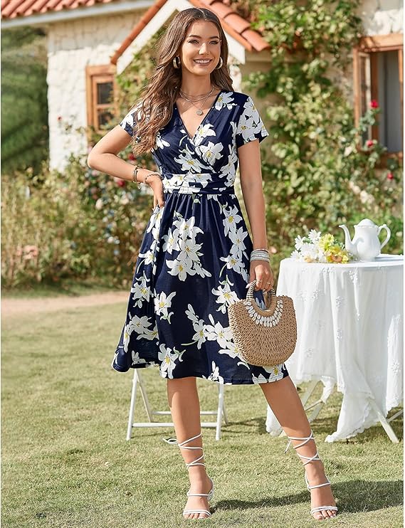 Women's Summer Short Sleeve V-Neck Floral Short Party Dress with Pockets-Comfort & Reliable