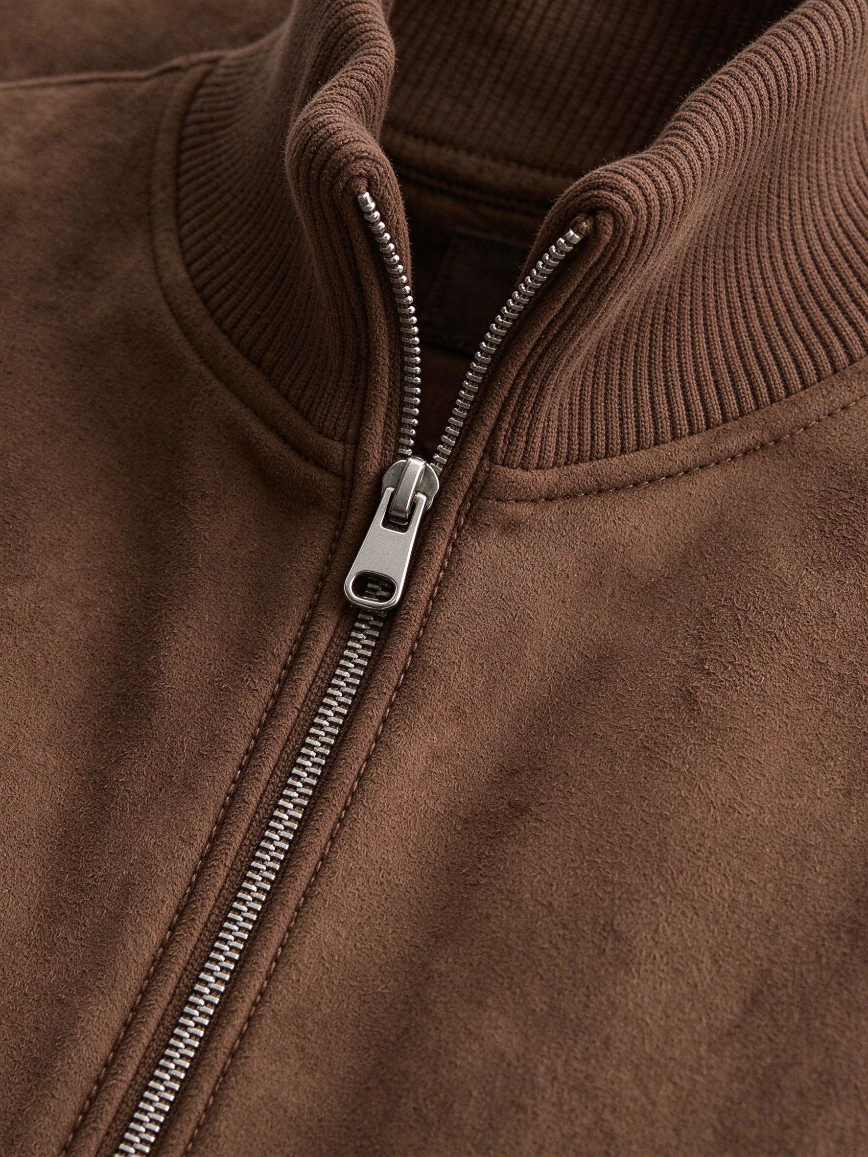 stand collar metal zip suede detail