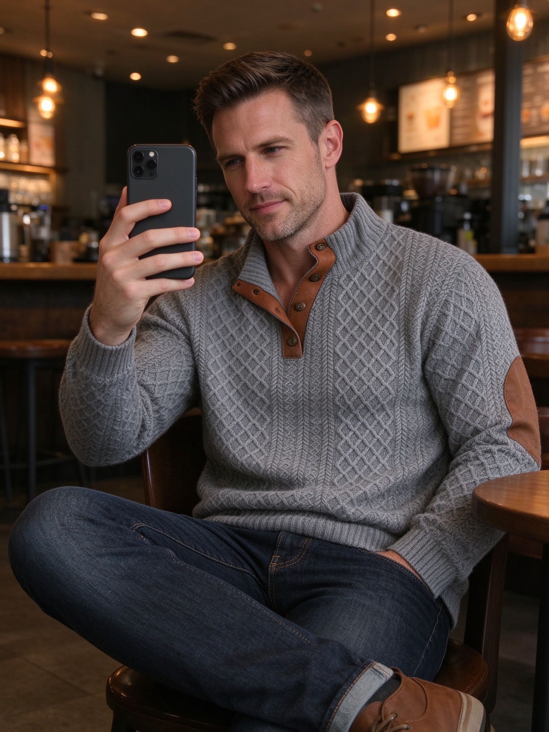 gray sweater cafe selfie