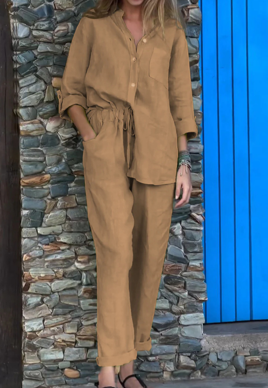 Casual Solid Color V-Neck Shirt & Pants Cotton Linen Two-Piece Set-Comfort & Reliable
