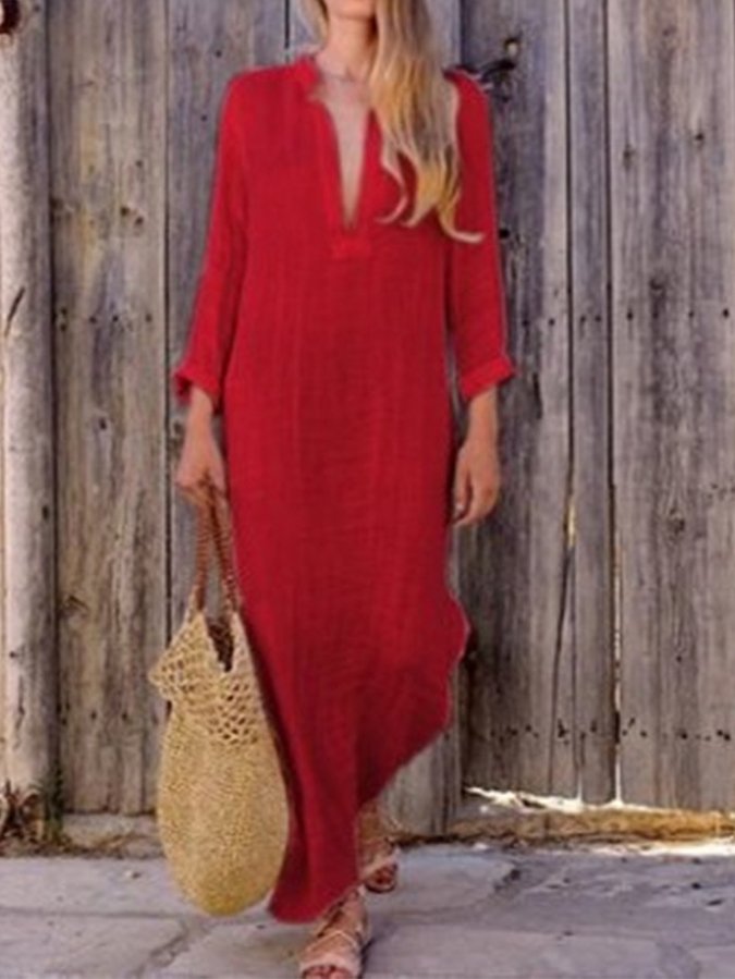 Women's Solid Color Deep V-Neck Slit Long Dress-Comfort & Reliable