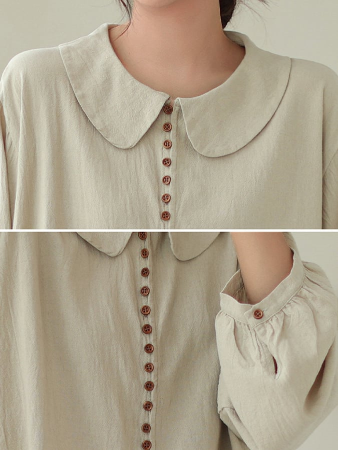 Women's Cotton Art Loose Button-Up Peter Pan Collar Long Sleeve Shirt-Comfort & Reliable