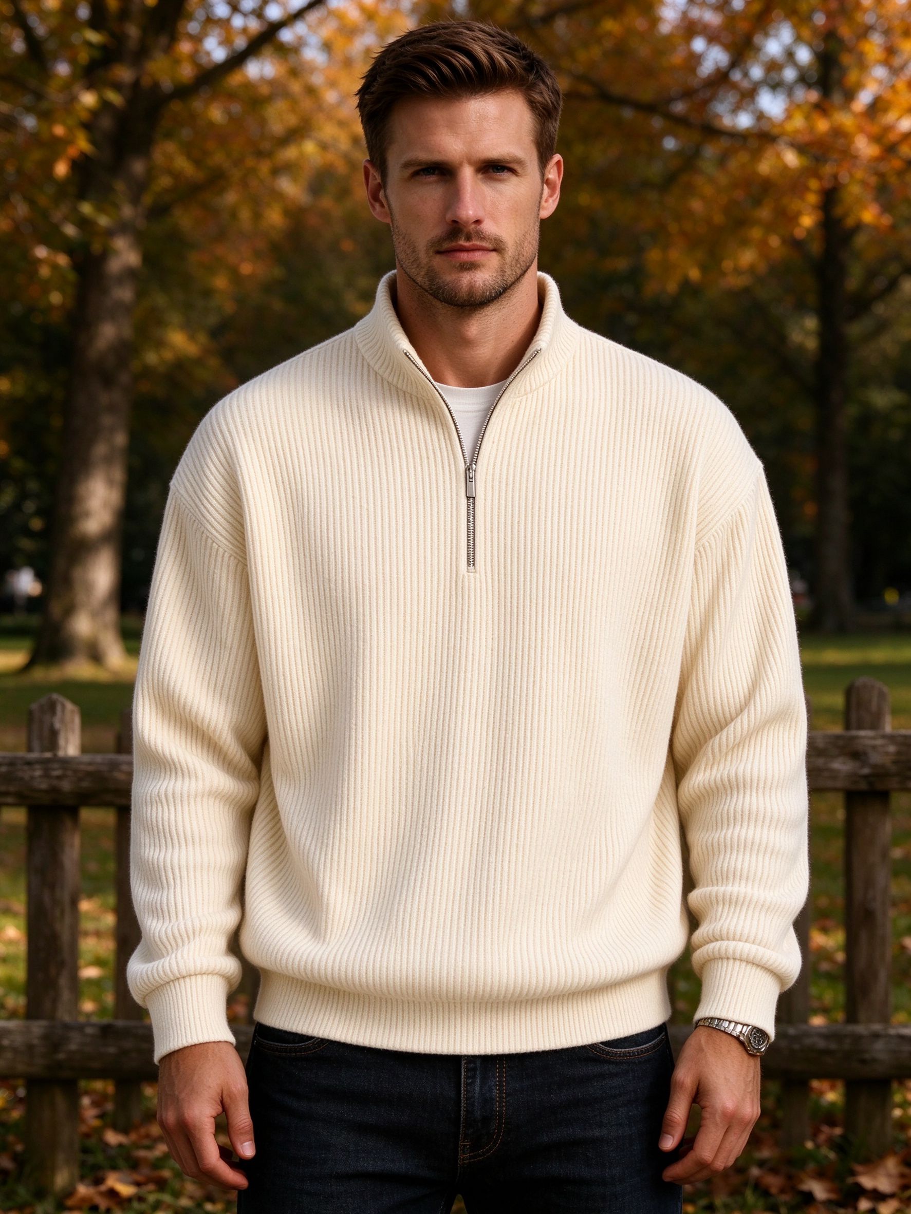 Man wearing cream beige ribbed half-zip in autumn park