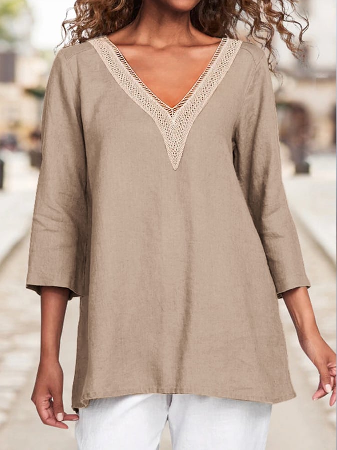 Women's Cotton Lace Hollow V-Neck Solid Color Casual Loose 3/4 Sleeve Shirt-Comfort & Reliable