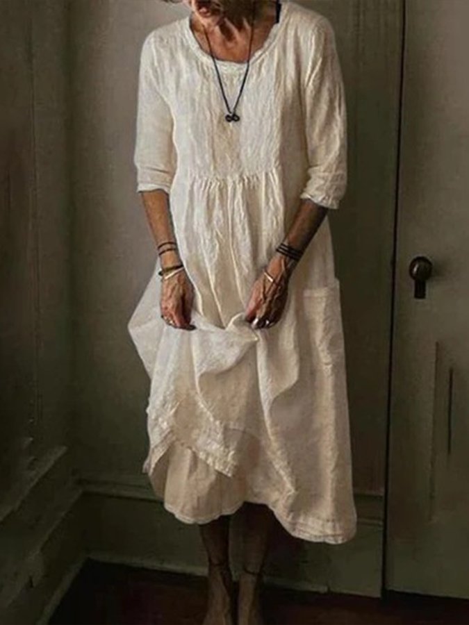 Women's Casual Round Neck Linen Solid Long Dress-Comfort & Reliable