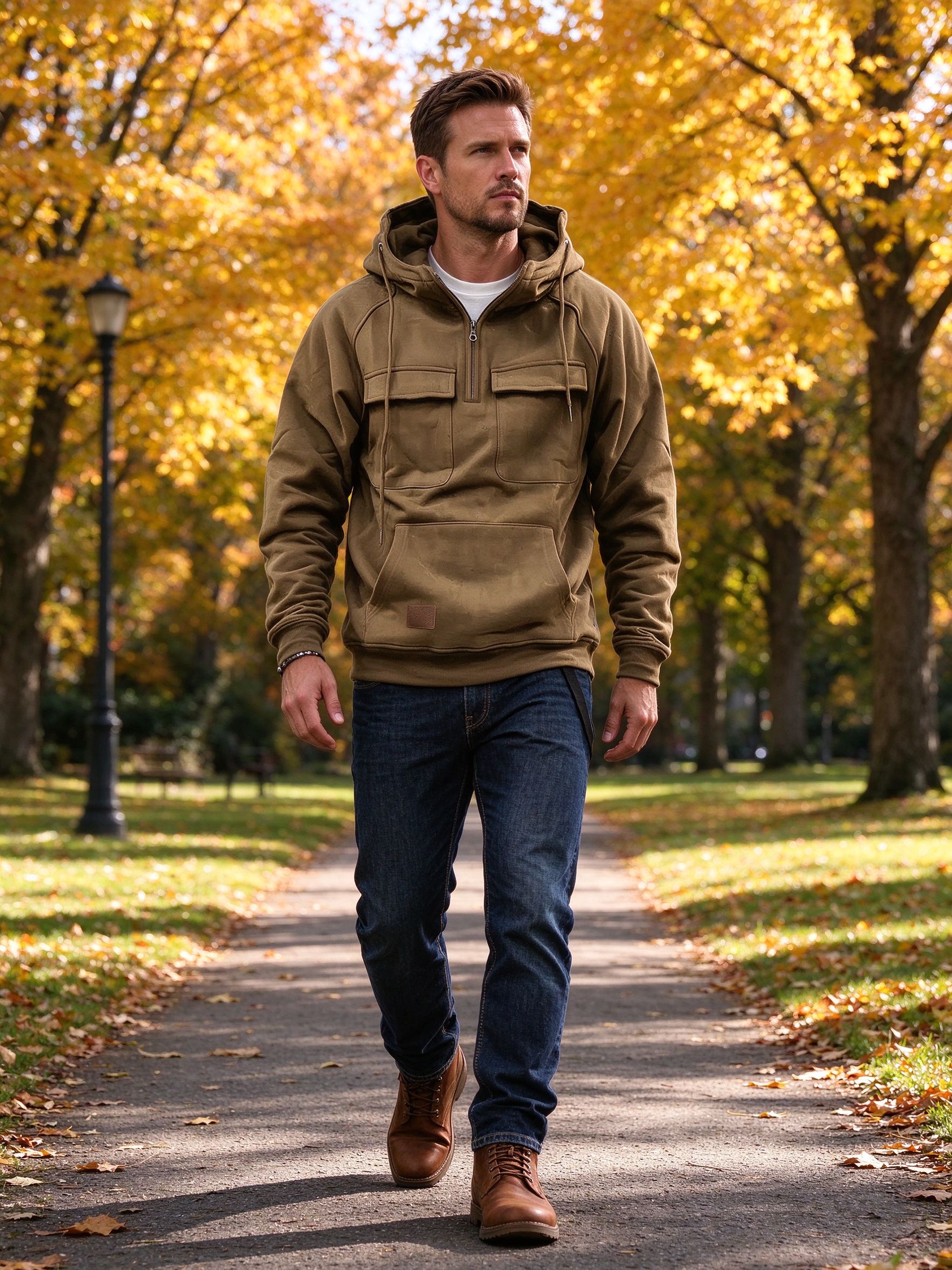 khaki tactical hoodie with raw denim on autumn path