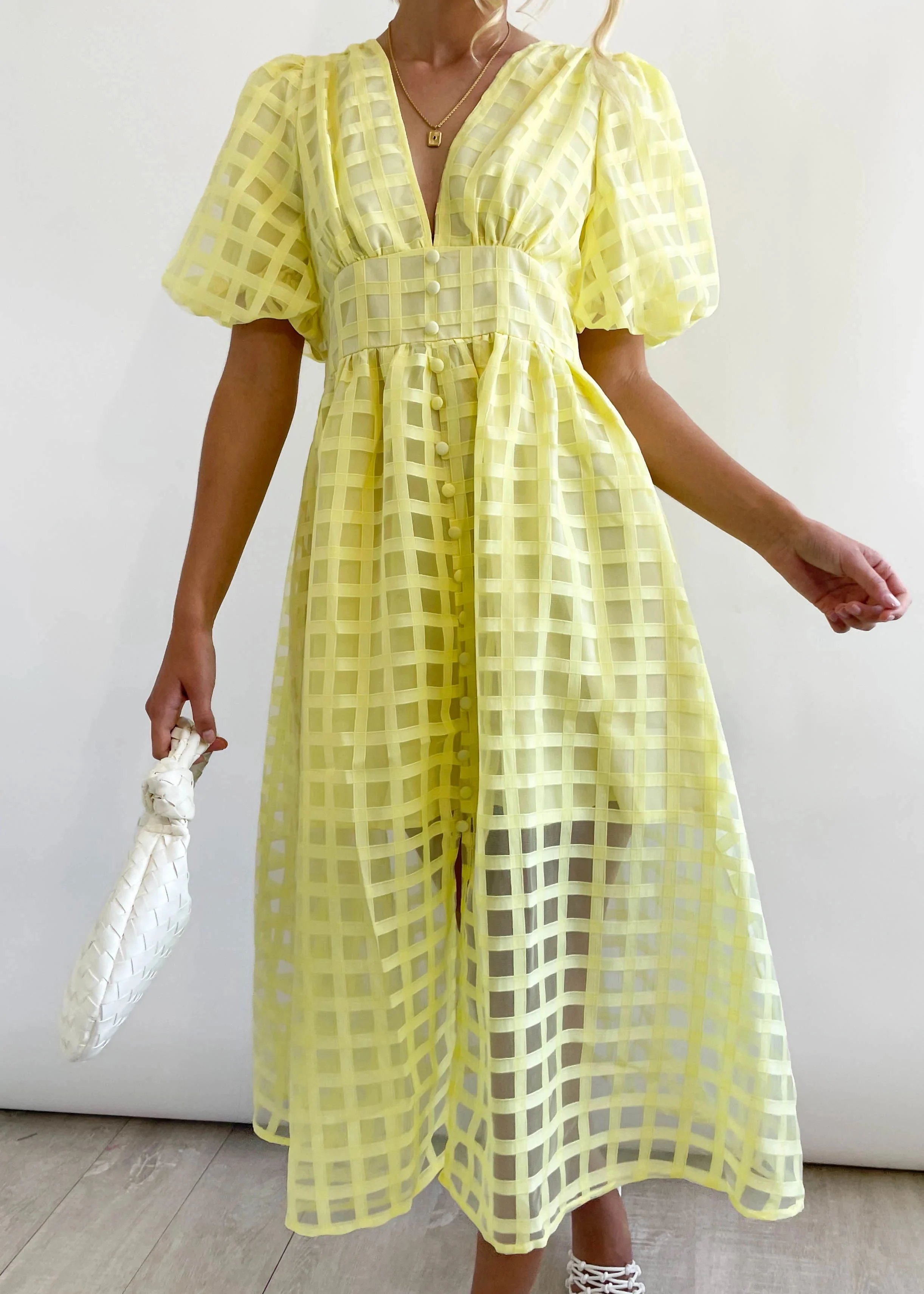 Beauty Square Patterned Fabric Puff Sleeve Midi Dress-Comfort & Reliable