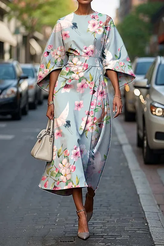 Women's Vintage Elegant Floral Print Midi Dress-Comfort & Reliable