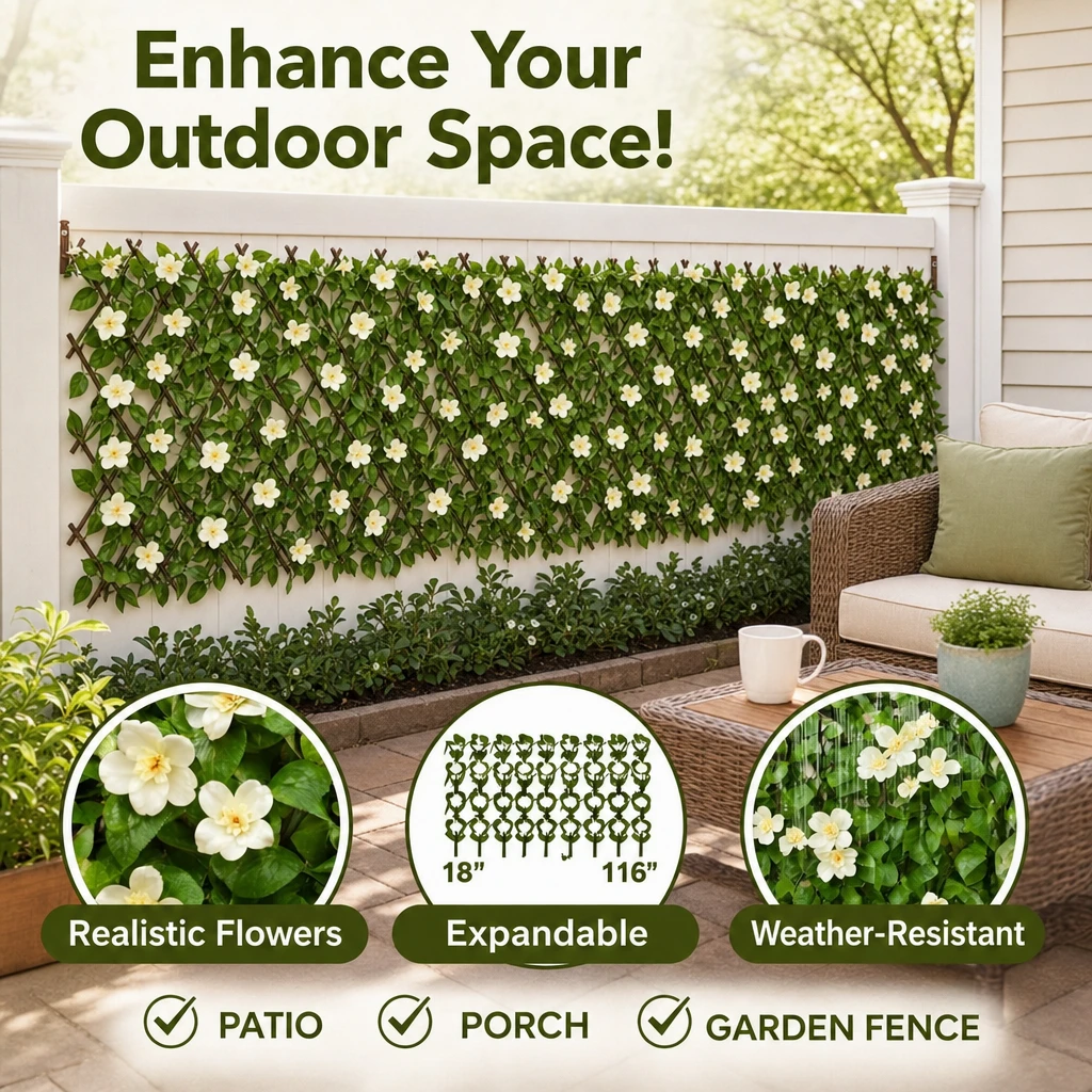 White-flower expandable artificial fence framing a patio seating area