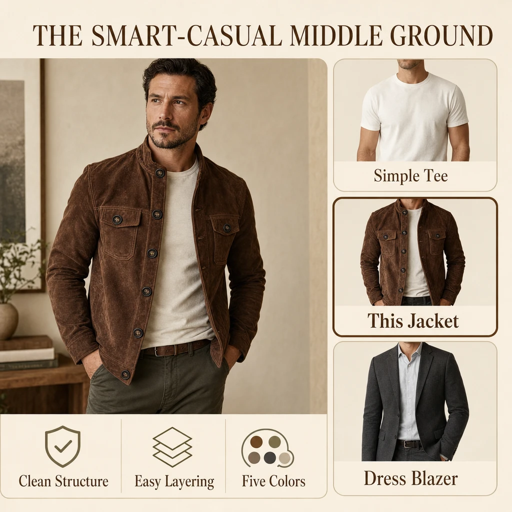 Editorial product detail 6 for the men's suede-look button-front field jacket