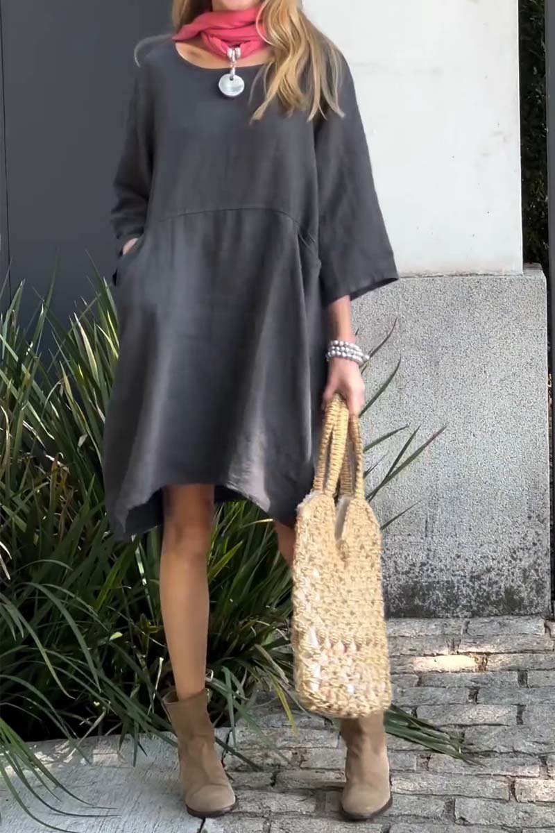 Casual solid color cotton and linen dress-Comfort & Reliable
