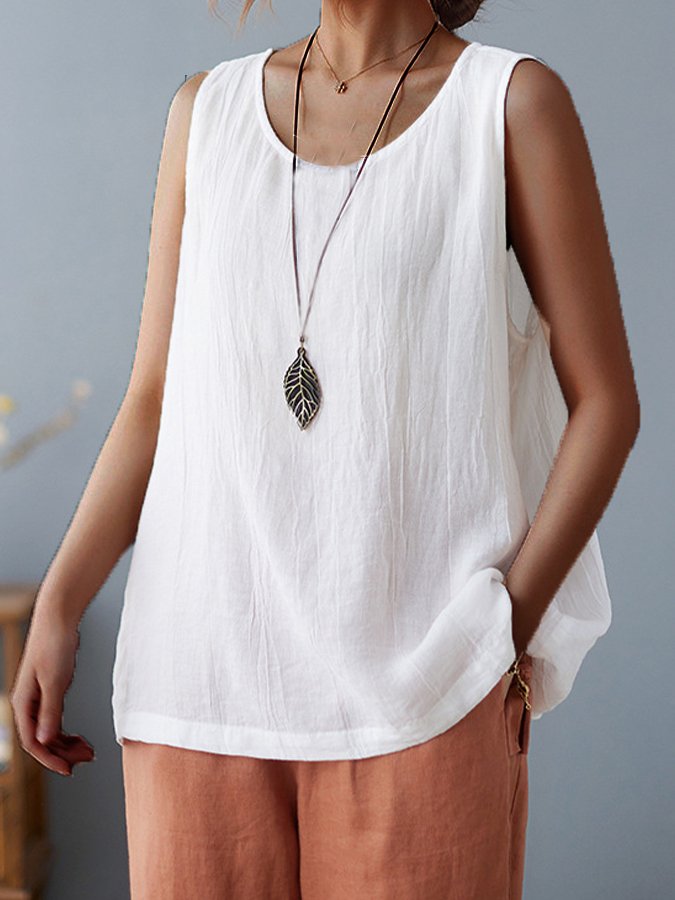 Women's Pure Color Sleeveless Cotton Linen Tee-Comfort & Reliable