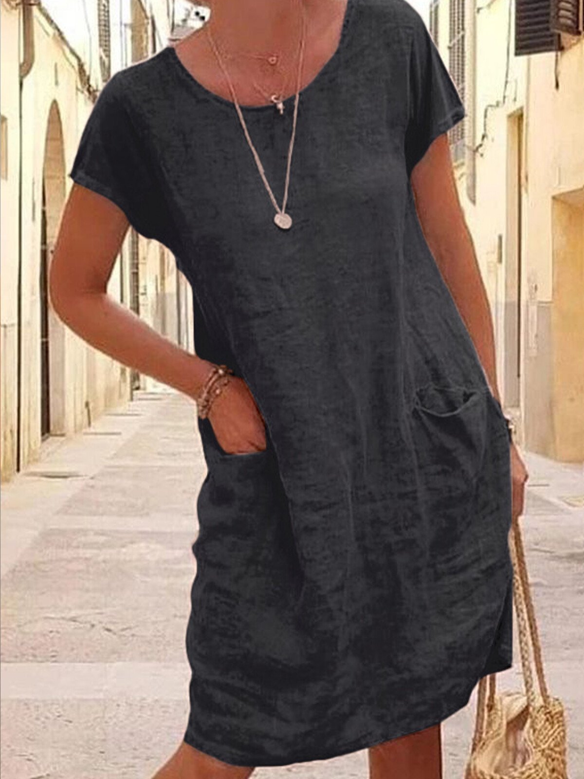 Loose Solid Color Pocket Short Sleeve round Neck Cotton and Linen Dress-Comfort & Reliable