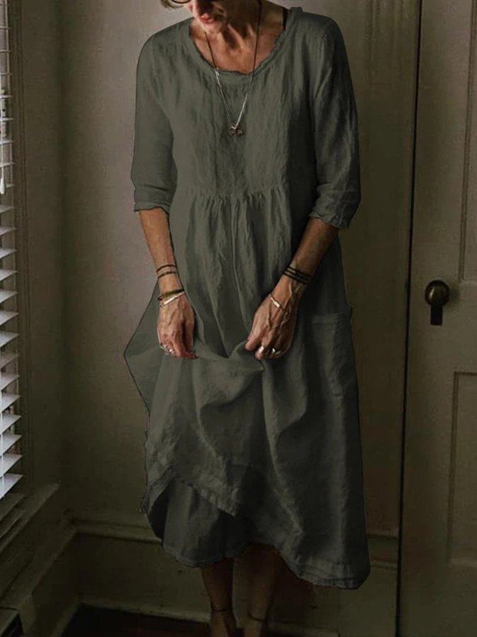 Women's Casual Round Neck Linen Solid Long Dress-Comfort & Reliable