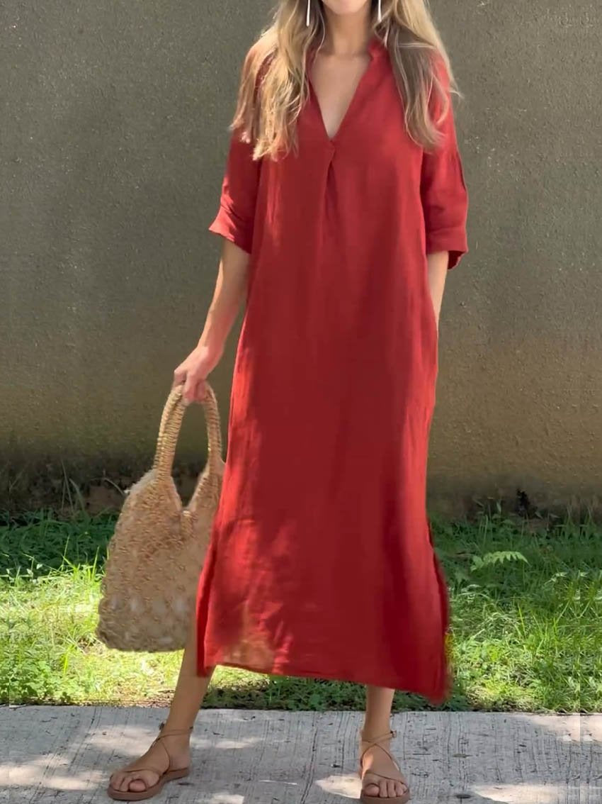 Women's Solid Color V-Neck Linen Pocket Dress-Comfort & Reliable