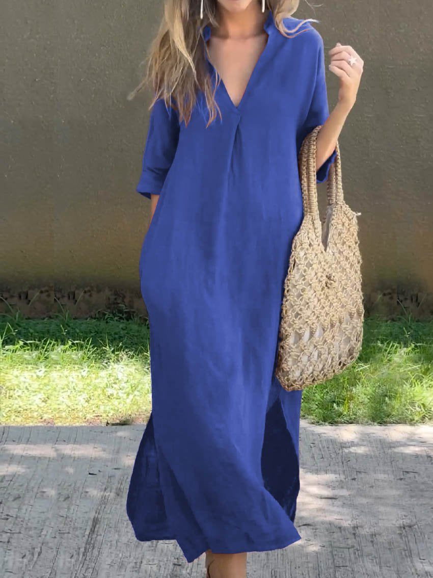 Women's Solid Color V-Neck Linen Pocket Dress-Comfort & Reliable
