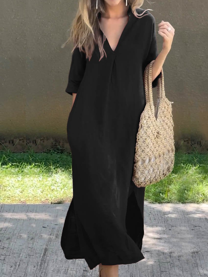 Women's Solid Color V-Neck Linen Pocket Dress-Comfort & Reliable