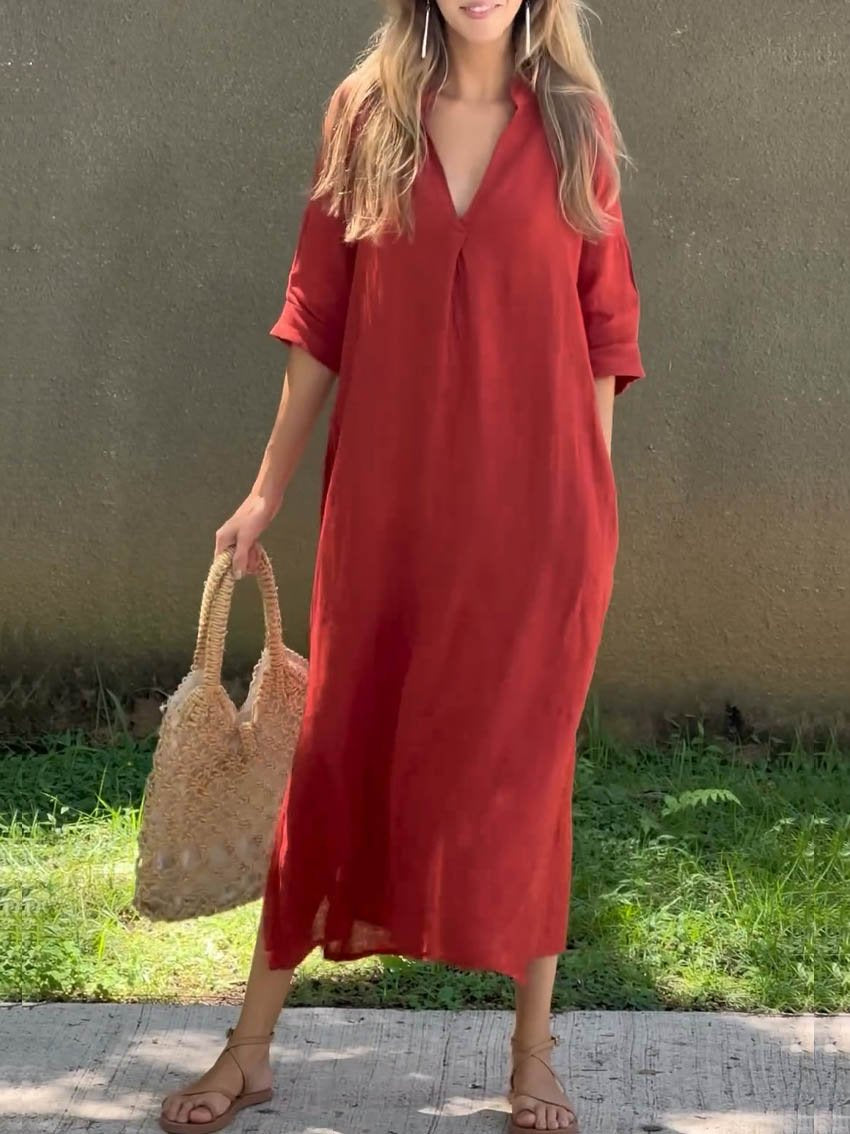 Women's Solid Color V-Neck Linen Pocket Dress-Comfort & Reliable