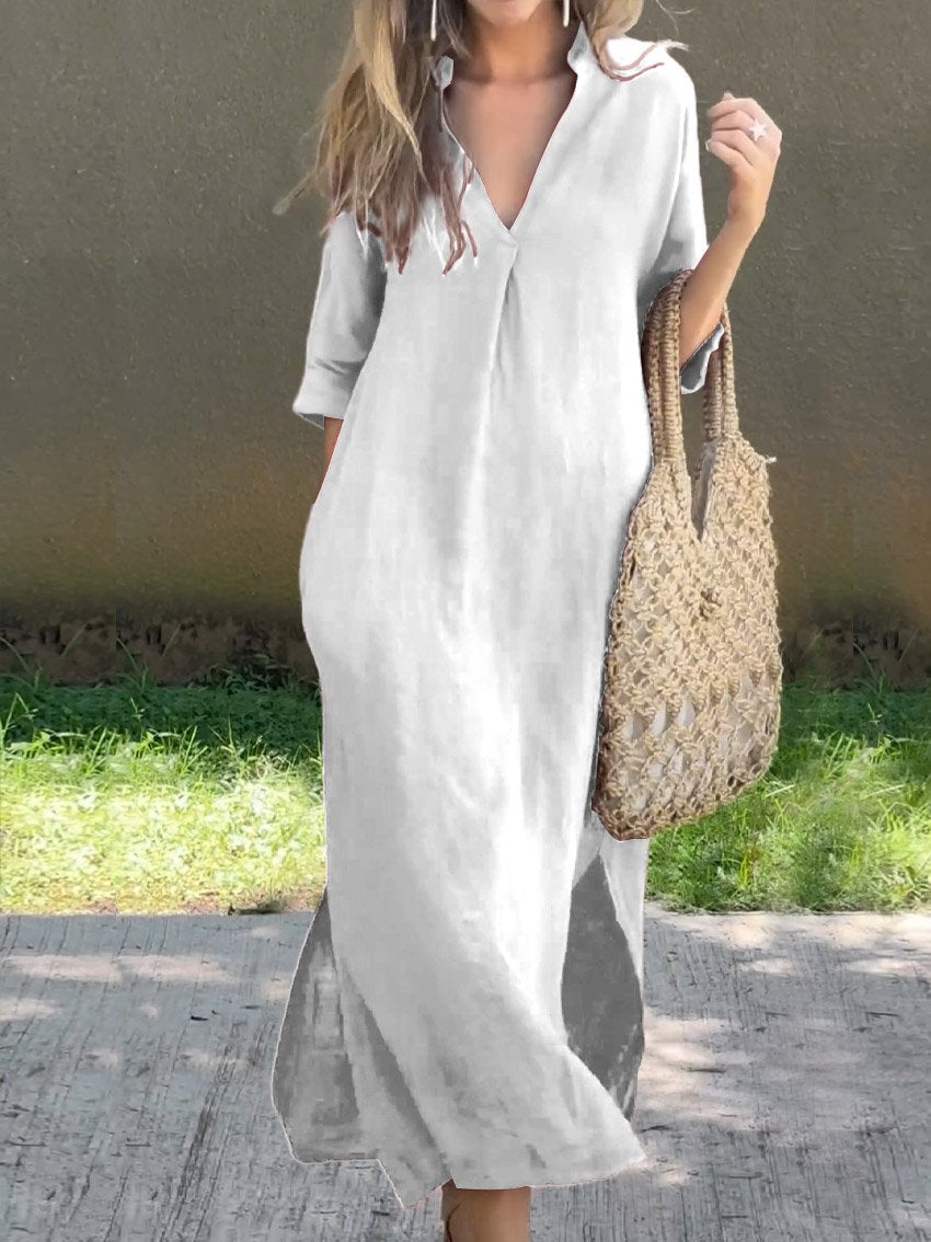 Women's Solid Color V-Neck Linen Pocket Dress-Comfort & Reliable