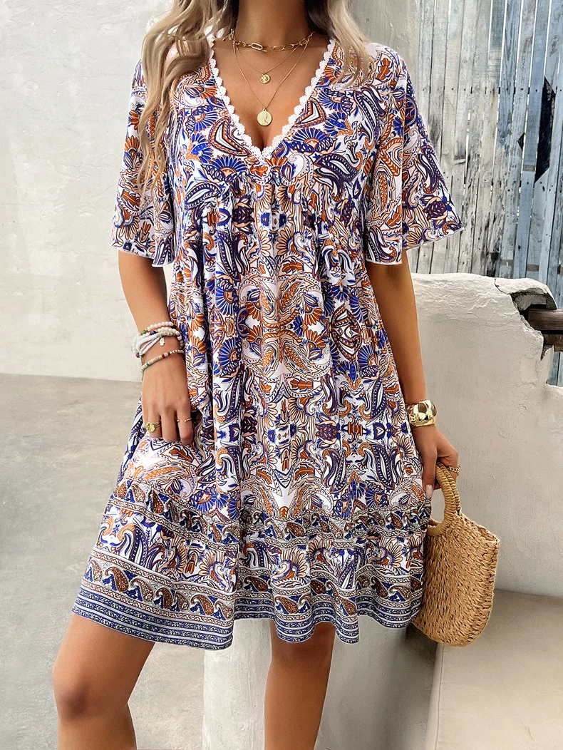 Women's Bohemian Contrast Print V-Neck Short Sleeve Dress-Comfort & Reliable