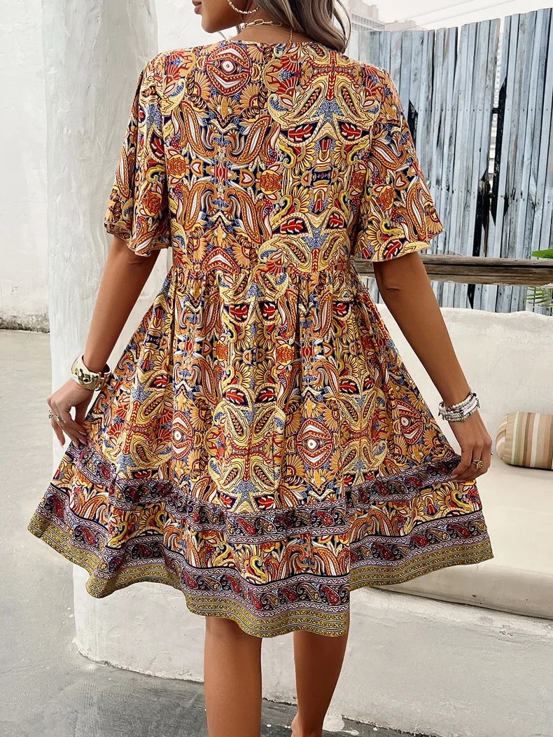 Women's Bohemian Contrast Print V-Neck Short Sleeve Dress-Comfort & Reliable