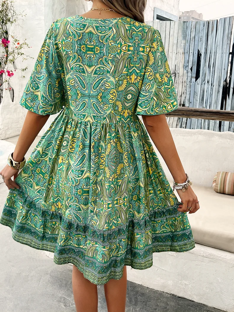 Women's Bohemian Contrast Print V-Neck Short Sleeve Dress-Comfort & Reliable