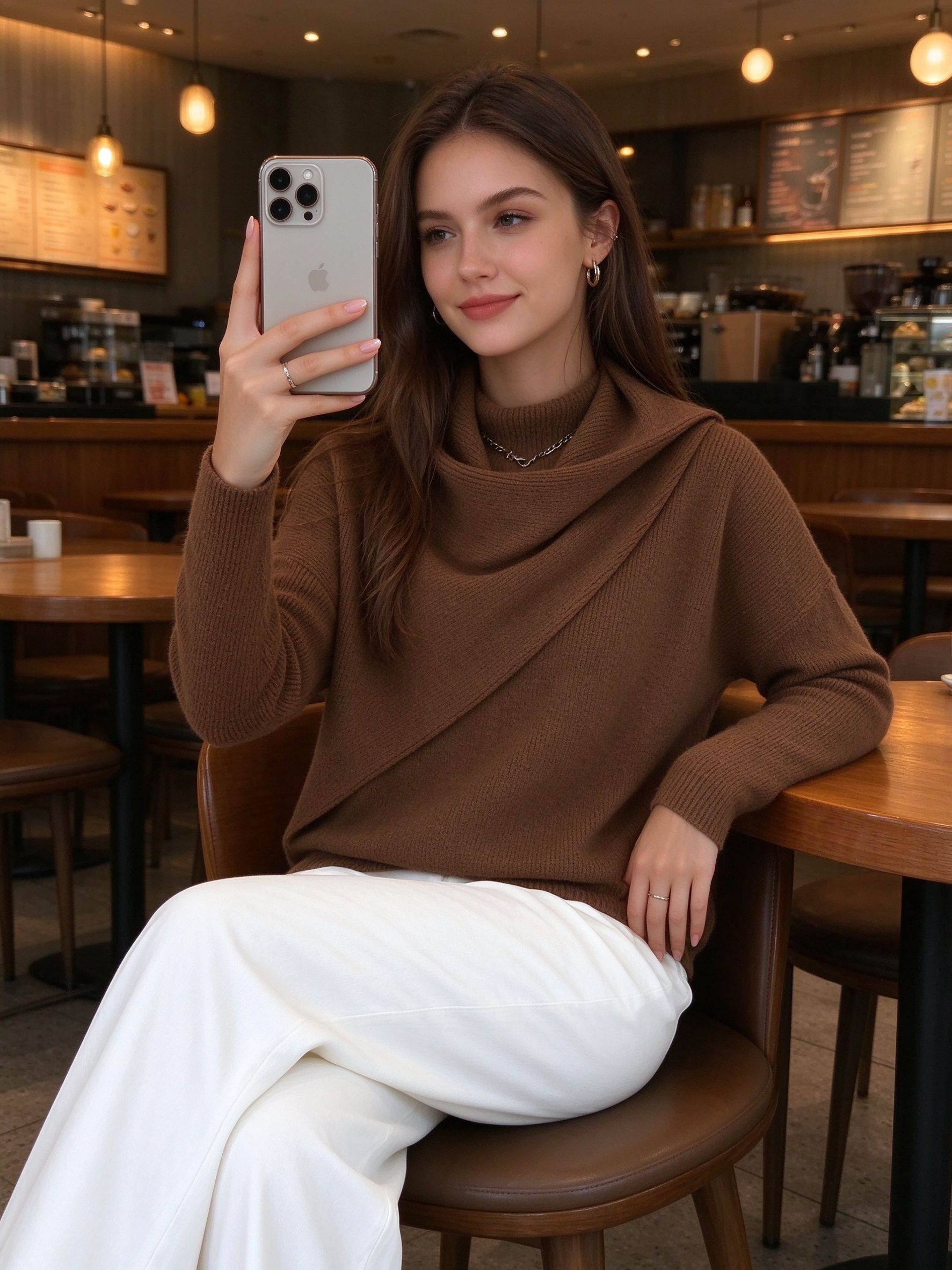 brown sweater cafe selfie