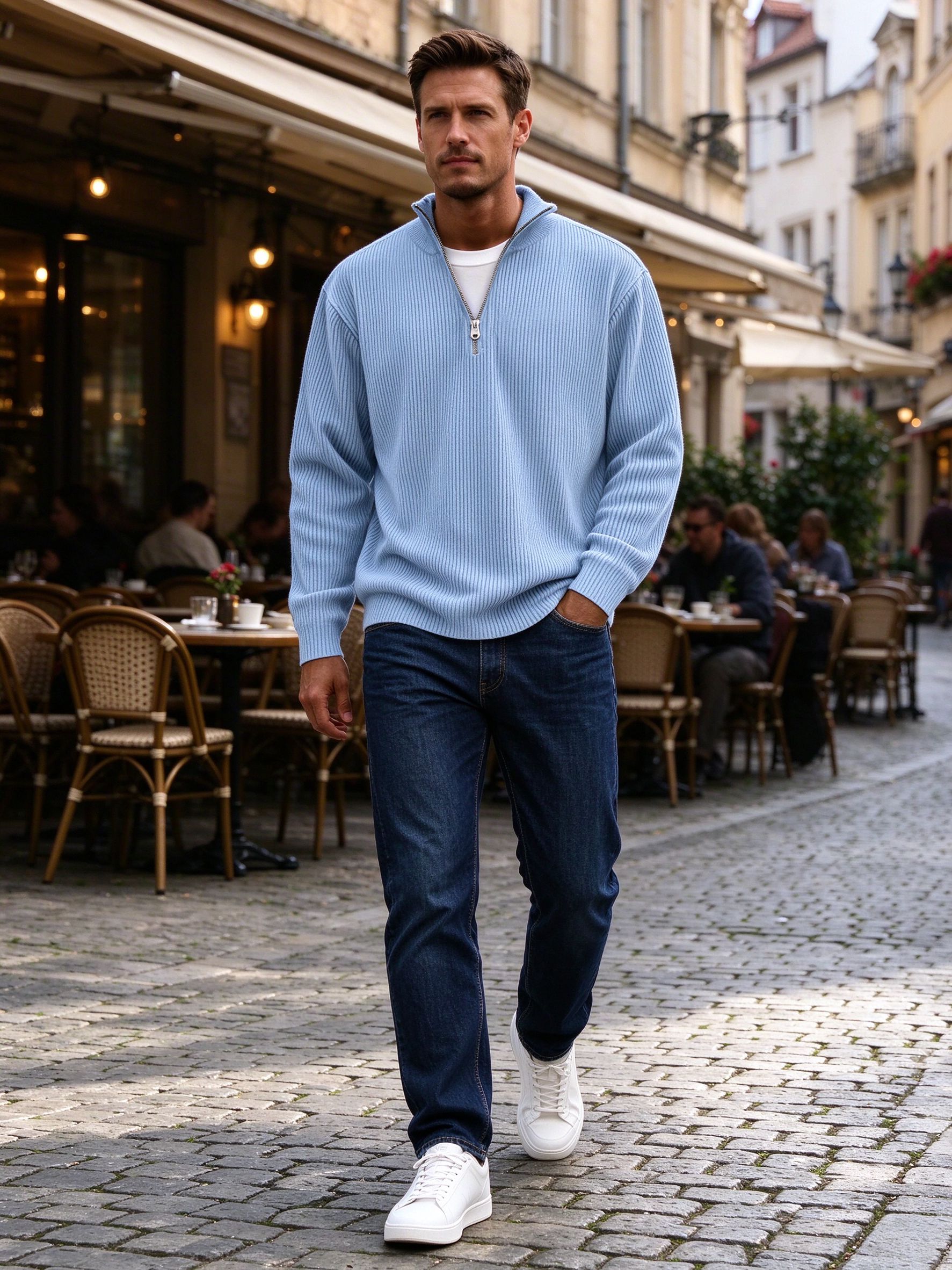light blue quarter-zip with dark denim on cobblestone
