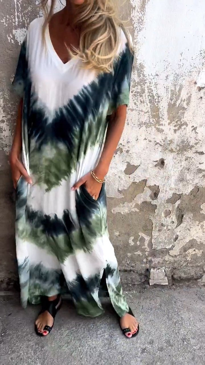 Tie-dye V-neck Long Comfortable Dress-Comfort & Reliable