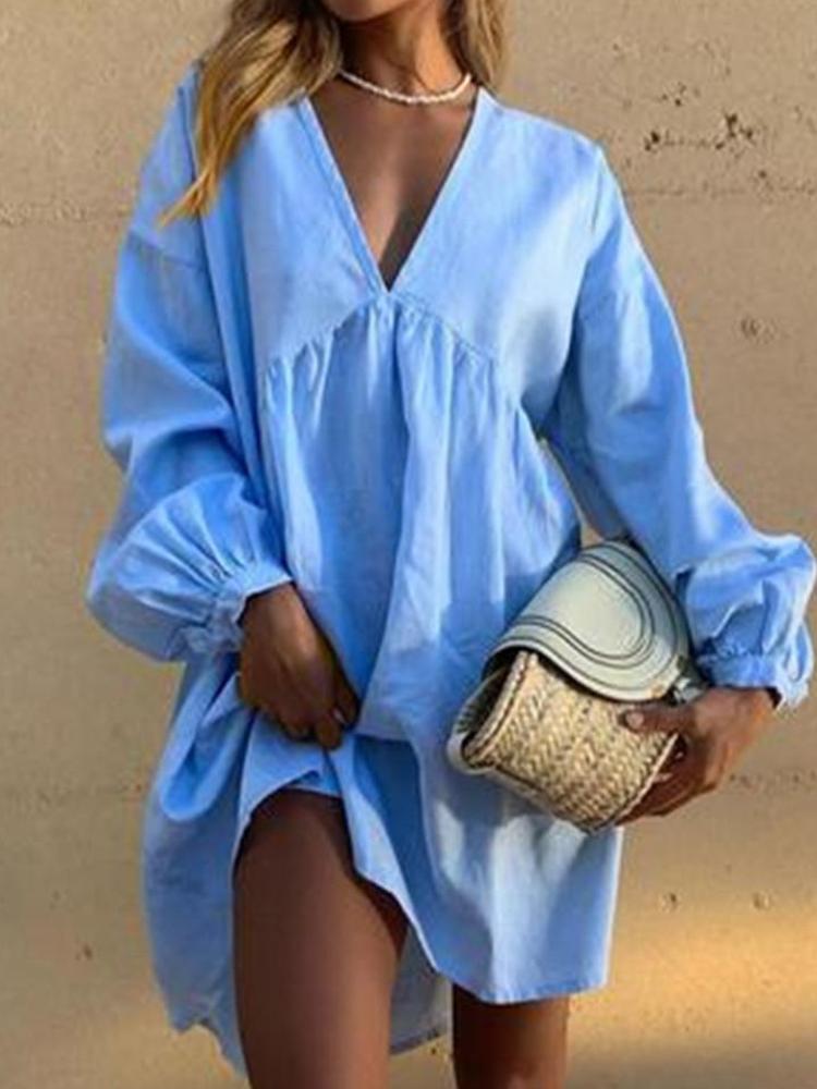 V-Neck Cotton Linen Long Sleeve Mini Dress-Comfort & Reliable