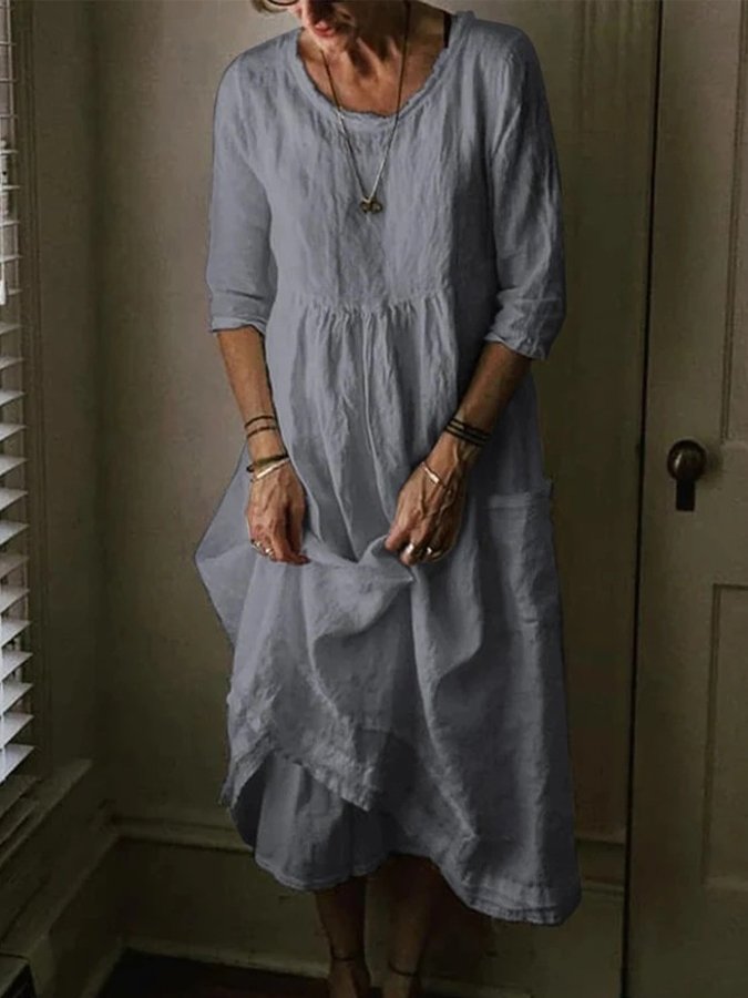 Women's Casual Round Neck Linen Solid Long Dress-Comfort & Reliable