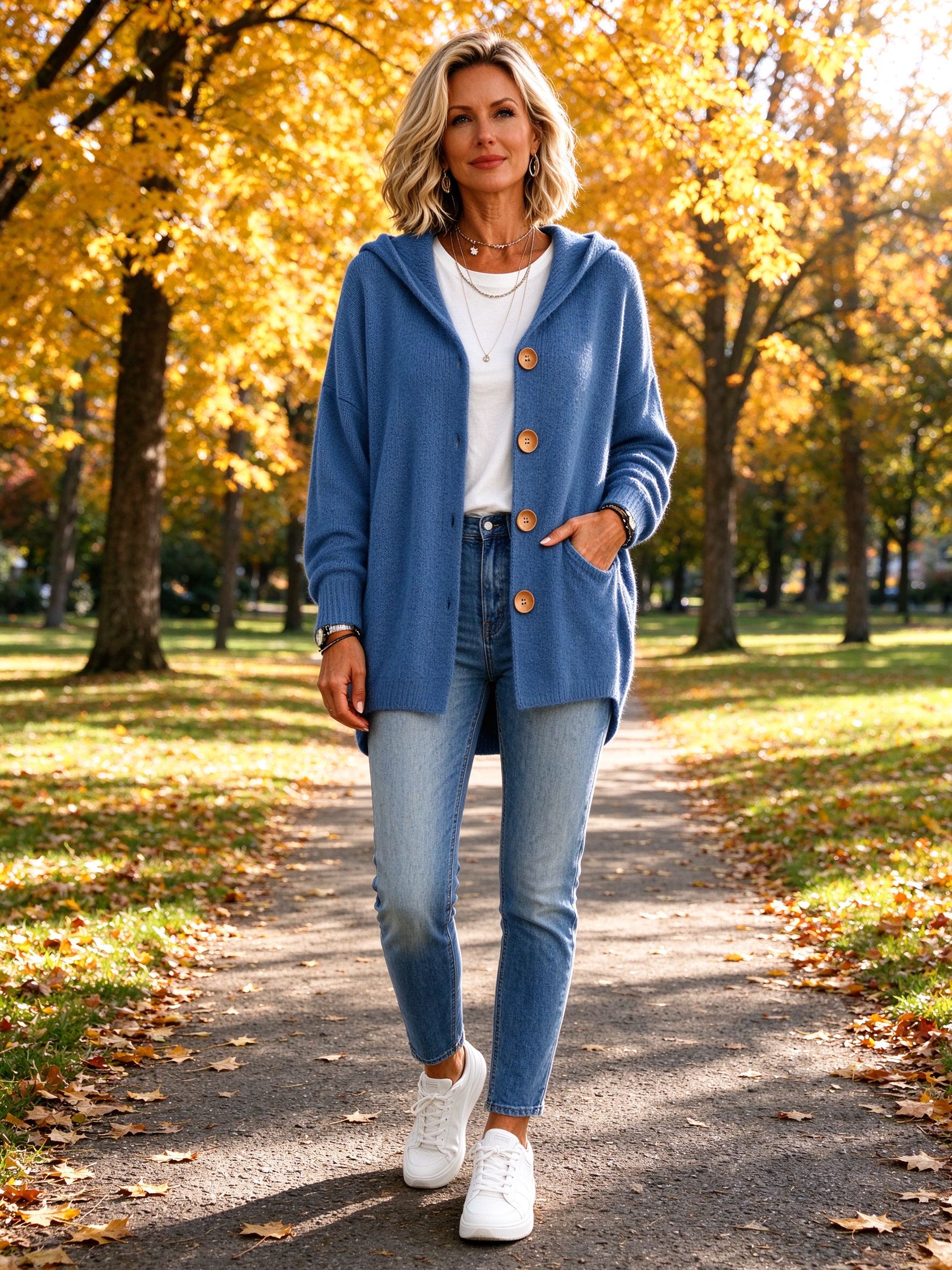woman in blue hooded cardigan autumn park