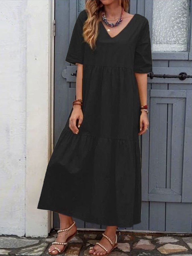 Women's Casual Solid Gathered Panel V-Neck Dress-Comfort & Reliable