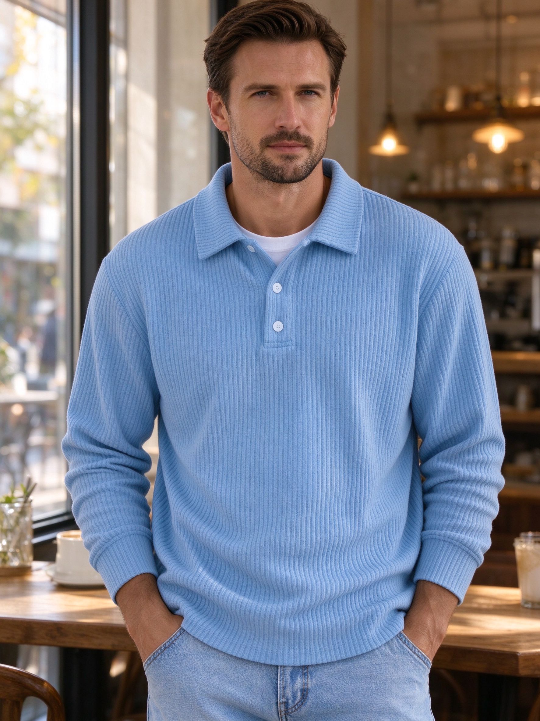 sky blue polo worn by model