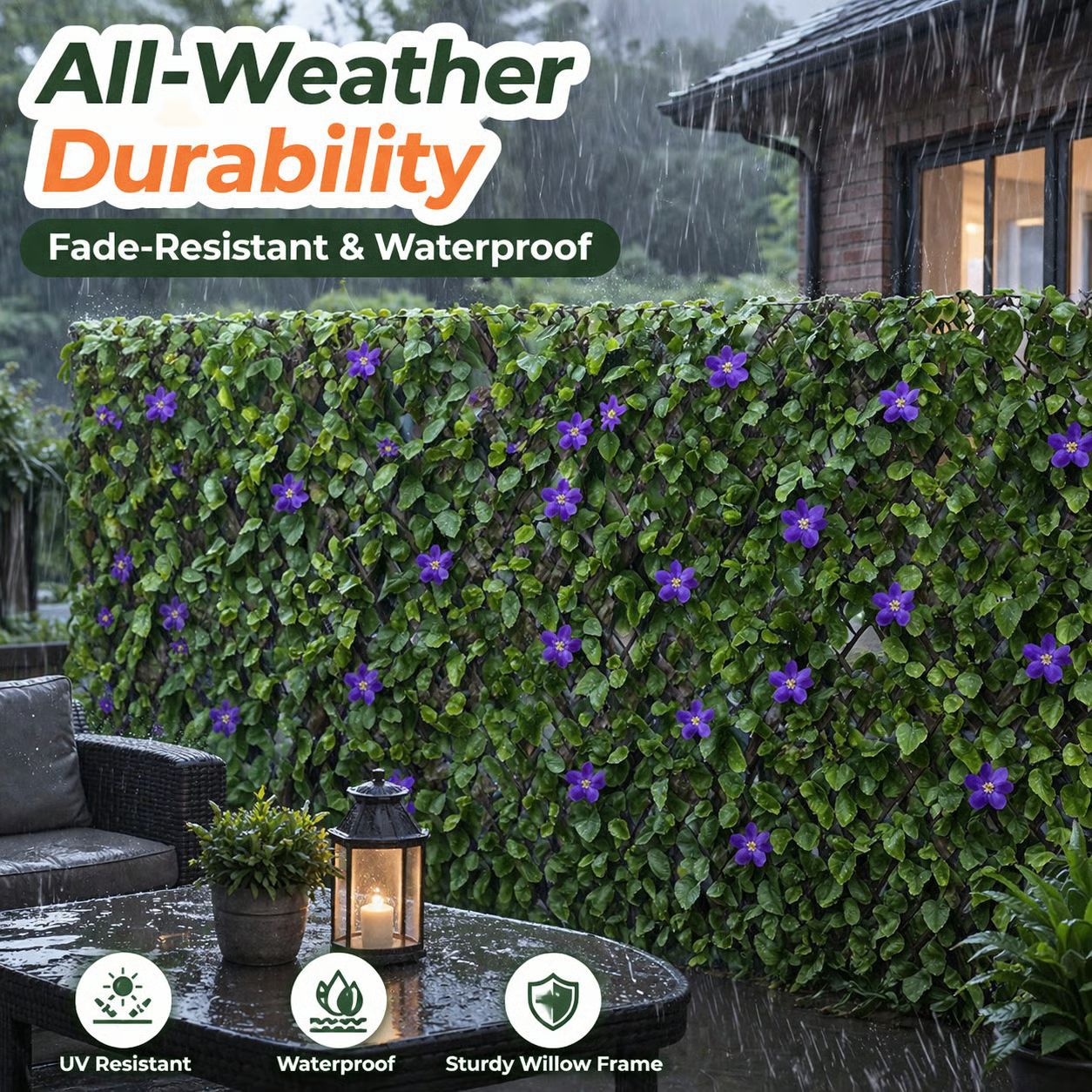 Couple styling a white-flower artificial fence along a backyard wall