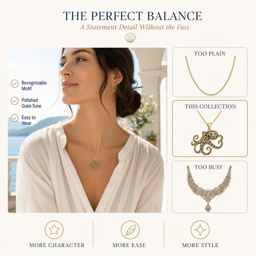 The Perfect Balance comparison graphic showing a plain chain, the octopus pendant collection, and an overly ornate necklace