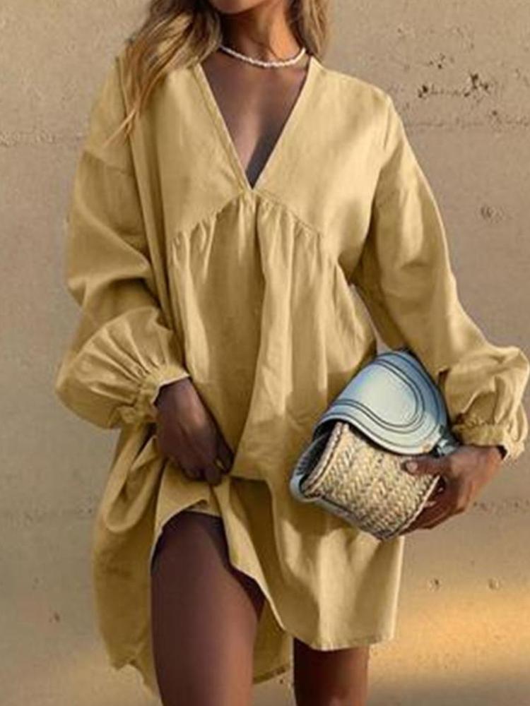 V-Neck Cotton Linen Long Sleeve Mini Dress-Comfort & Reliable