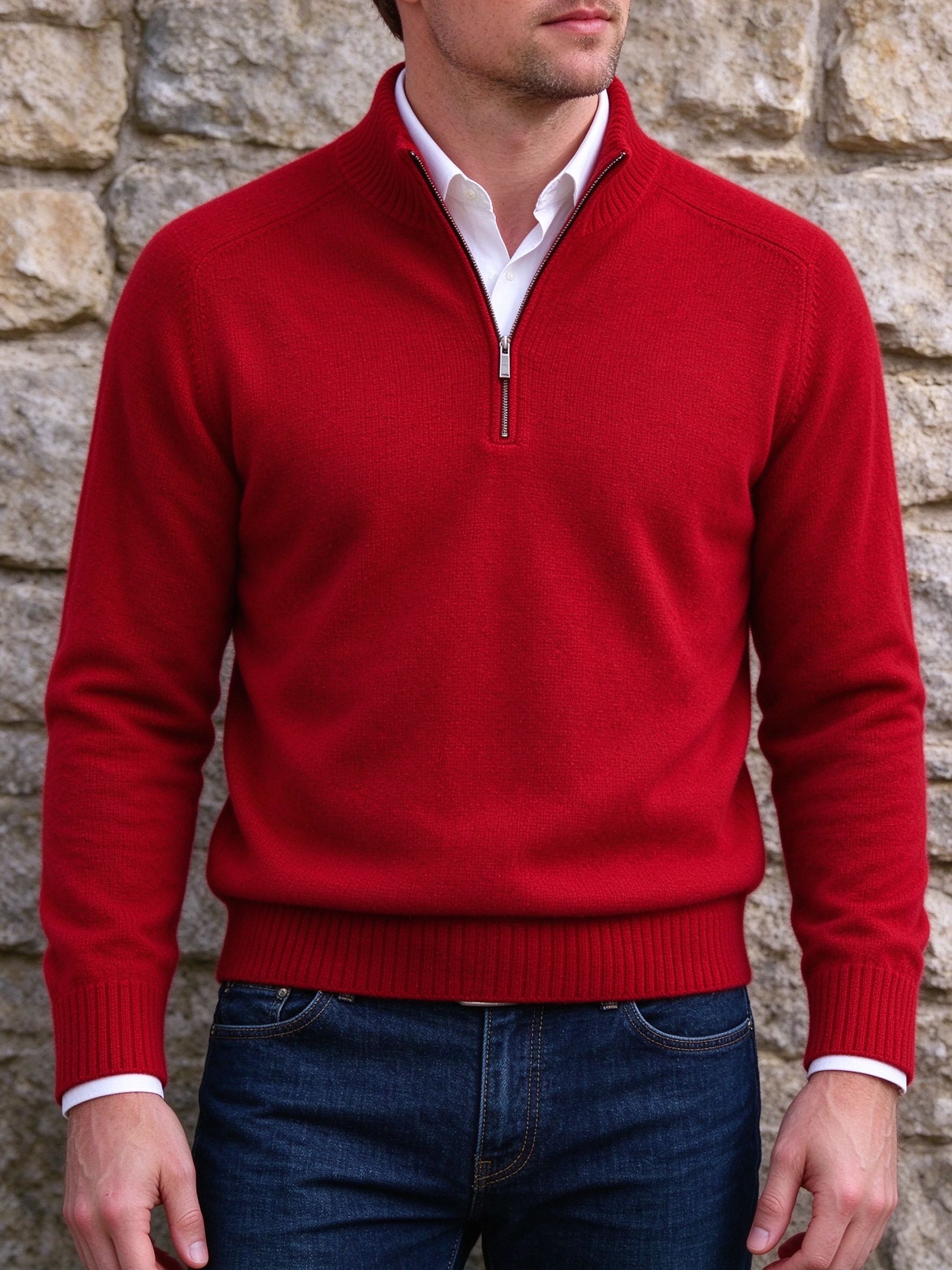 christmas red quarter zip knit worn by model