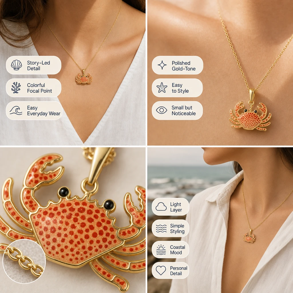 Four-panel necklace detail collage showing coral crab pendant styling, gold-tone chain and bail, enamel texture, and a coastal shirt look