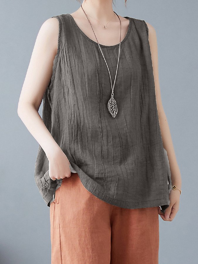 Women's Pure Color Sleeveless Cotton Linen Tee-Comfort & Reliable