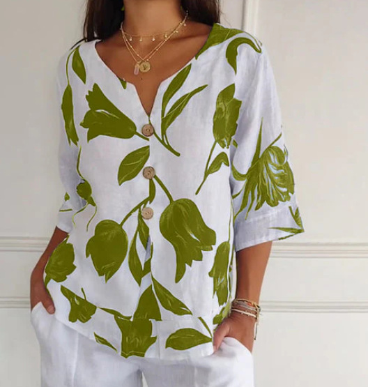 Printed Linen-Cotton V-Neck Short-Sleeve Pull-On Shirt-Comfort & Reliable