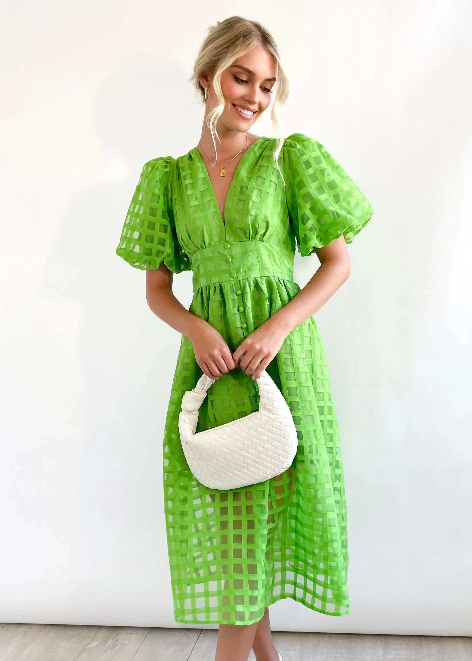 Beauty Square Patterned Fabric Puff Sleeve Midi Dress-Comfort & Reliable