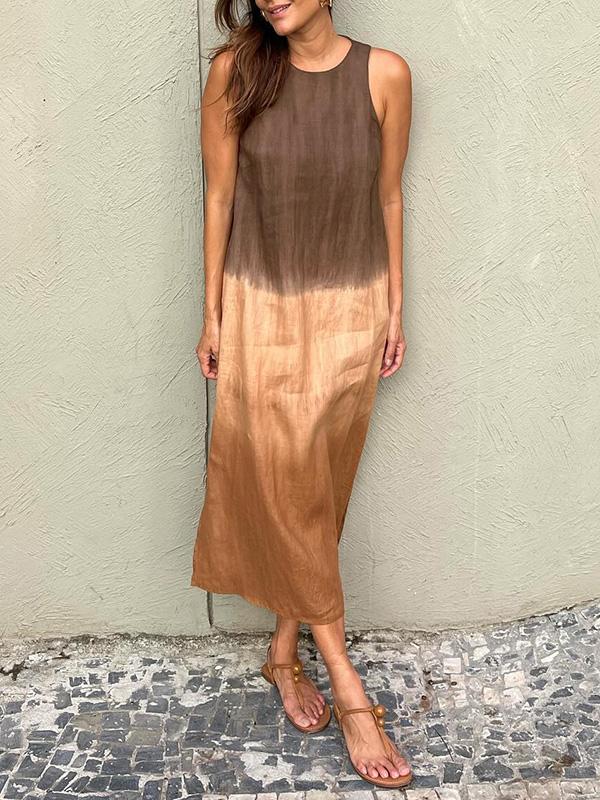 Women's casual cotton and linen sleeveless slit gradient tie-dye long dress-Comfort & Reliable